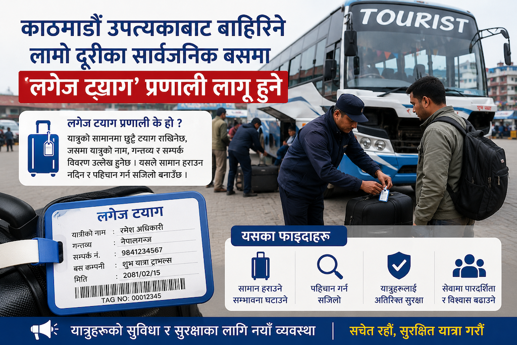 काठमाडौँ उपत्यकाबाट बाहिरिने लामो दूरीका सार्वजनिक बसमा ‘लगेज ट्याग’ प्रणाली लागू हुने